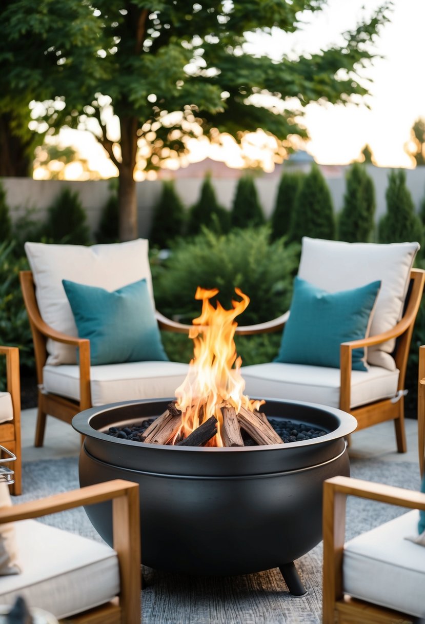 A steel cauldron fire pit surrounded by chic outdoor seating, with soft lighting and cozy ambiance