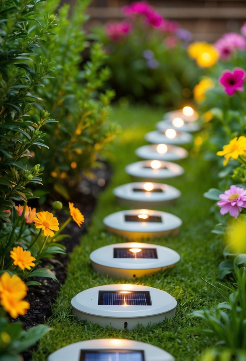 A backyard garden with solar pathway lights illuminating a winding path through lush greenery and colorful flowers