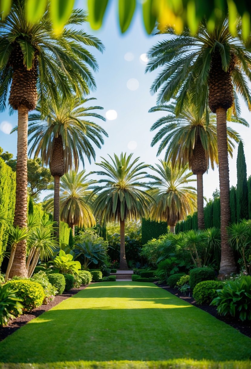 Lush garden with numerous palm trees and other greenery