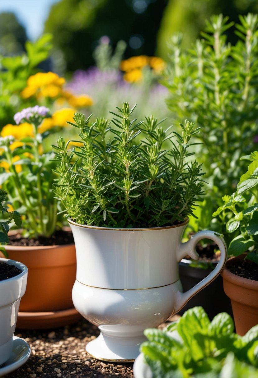 A porcelain cup filled with marjoram sits among a variety of potted herbs in a sunny outdoor garden