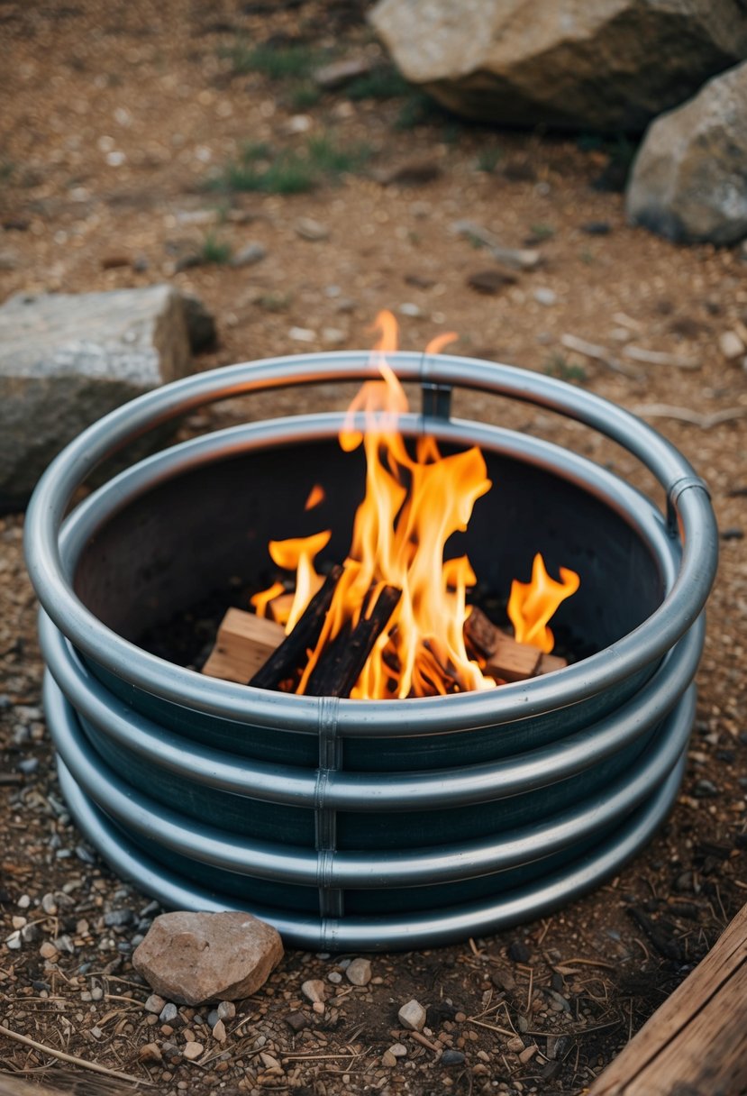 A circular fire pit made of recycled metal pipes sits in a rustic outdoor setting, surrounded by natural elements like rocks and wood