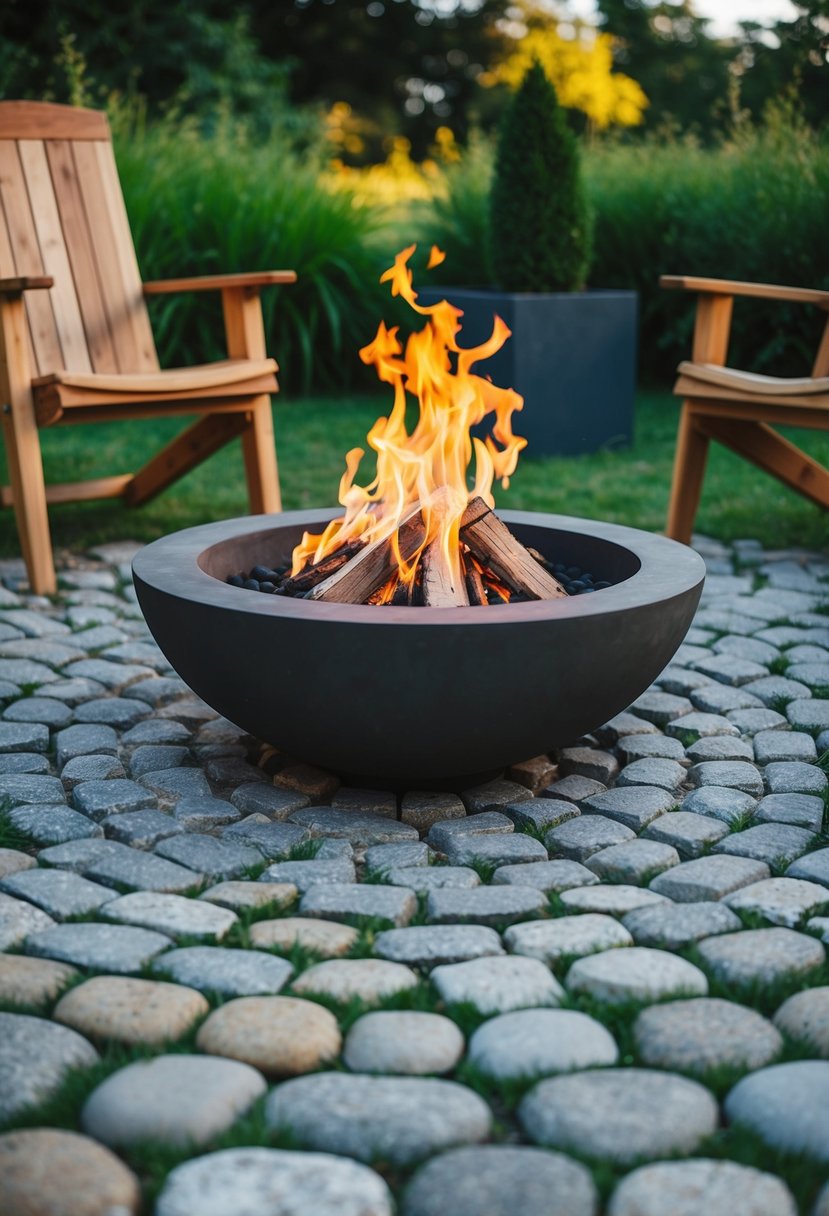 A cobblestone circle surrounds a natural fire pit, with various design ideas for outdoor settings