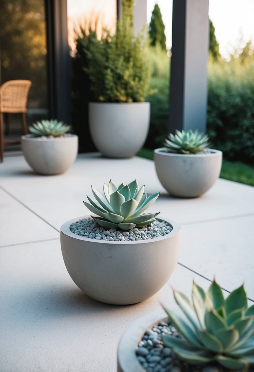 A serene patio adorned with minimalist concrete succulent planters, embodying the Japandi design aesthetic