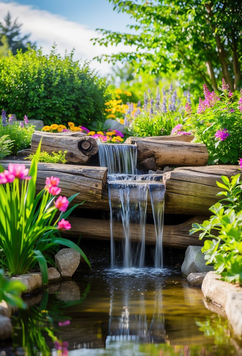 A rustic log waterfall cascades into a serene garden pond, surrounded by lush greenery and colorful flowers