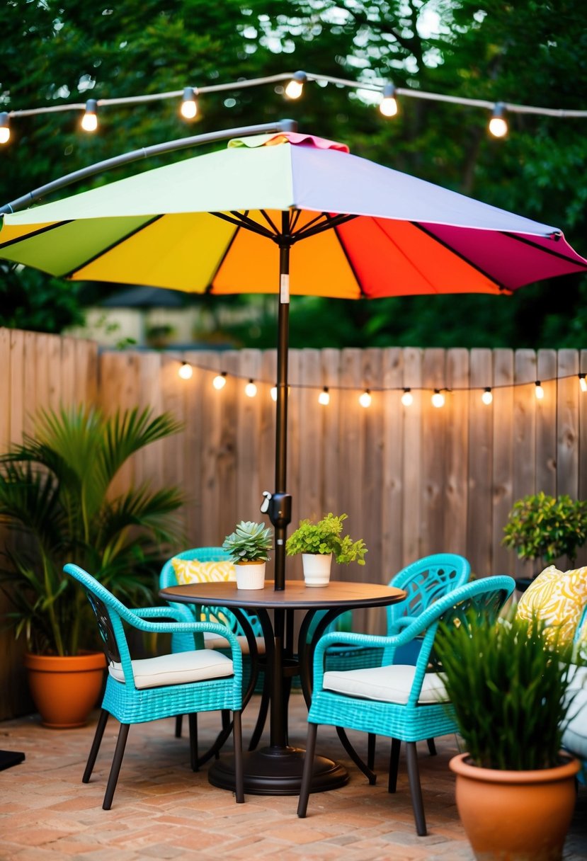A colorful patio umbrella shades a cozy outdoor seating area with potted plants and string lights