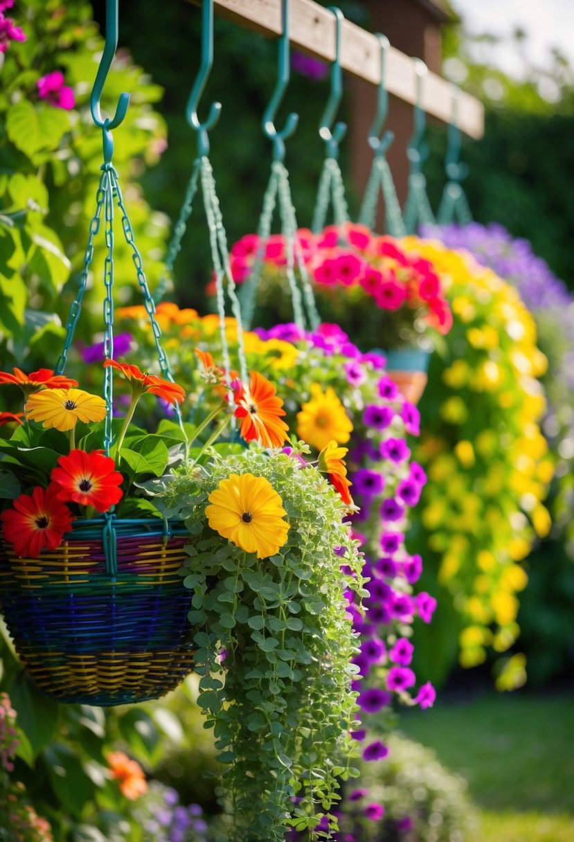 A colorful array of hanging basket plants, including Fan Flower 26, cascading from hooks in a lush garden setting