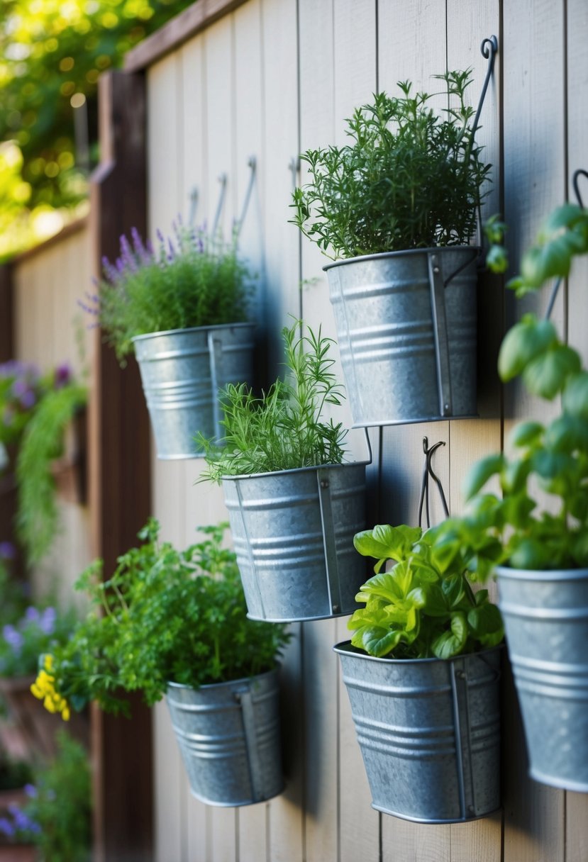 Several galvanized metal planters hang on 22 herb garden walls