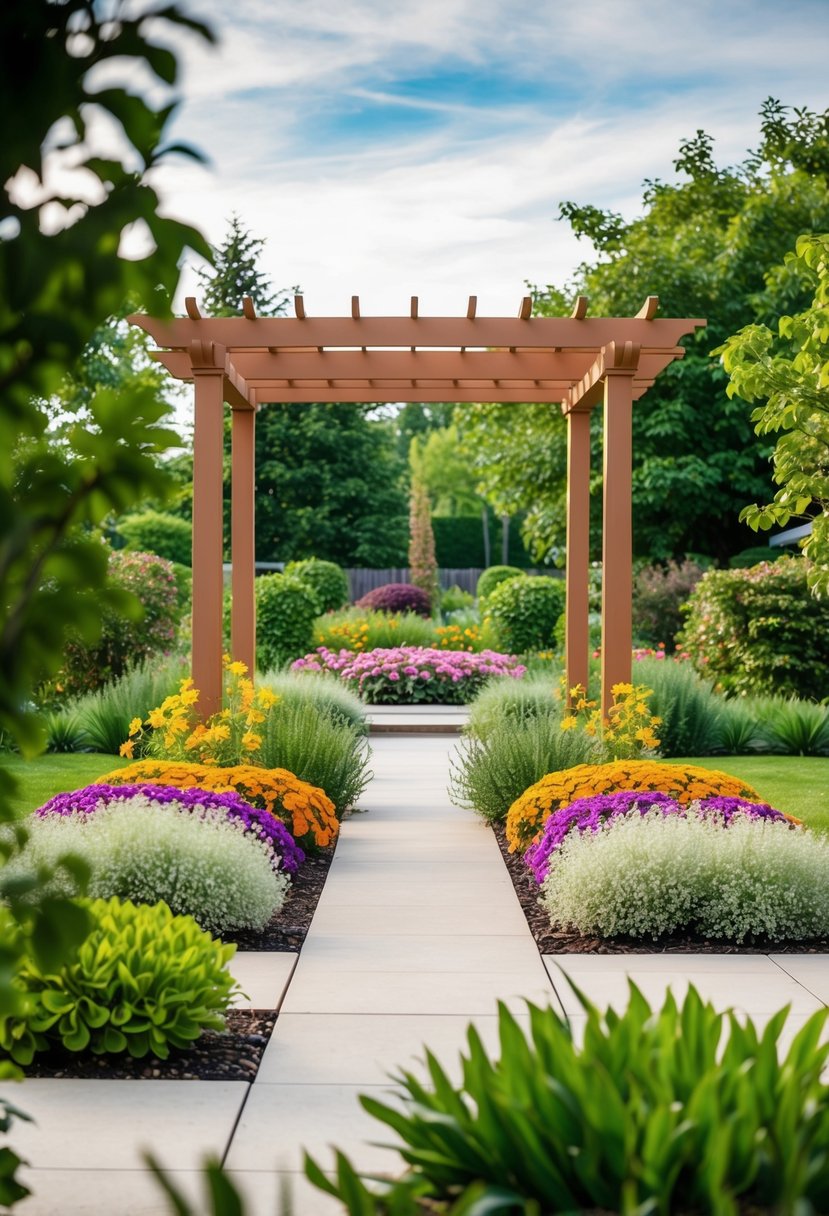 A tranquil suburban garden with a pergola surrounded by 43 lush and colorful flower beds