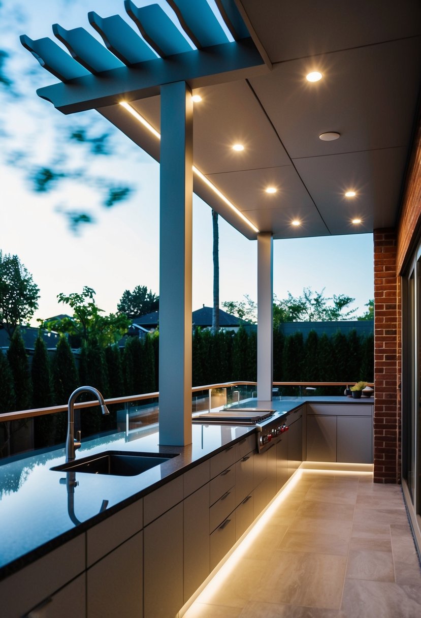 A sleek pergola with integrated lighting, surrounding a modern outdoor kitchen