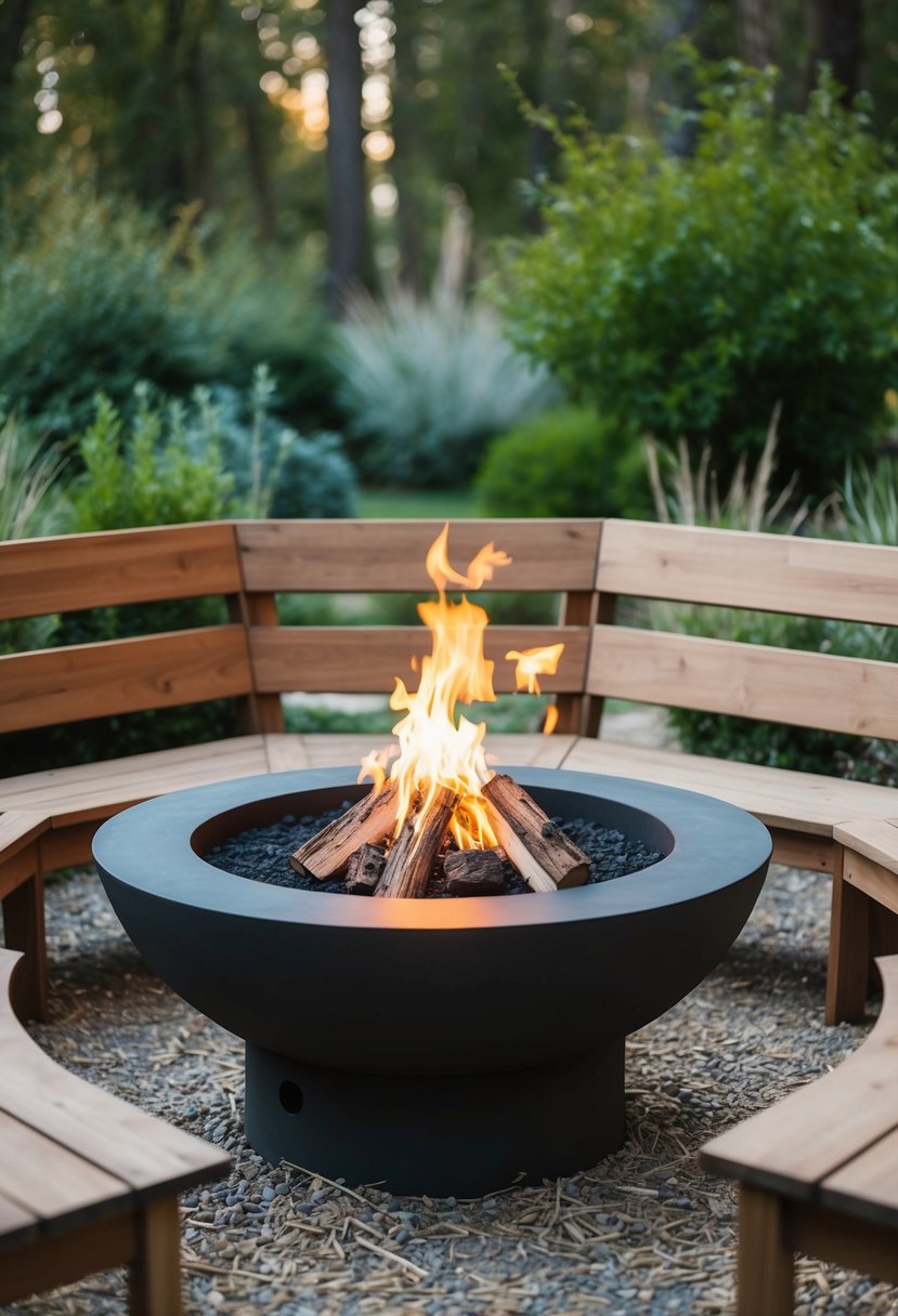 A wooden bench encircles a crackling fire pit surrounded by 34 natural elements, creating a cozy and inviting outdoor seating area