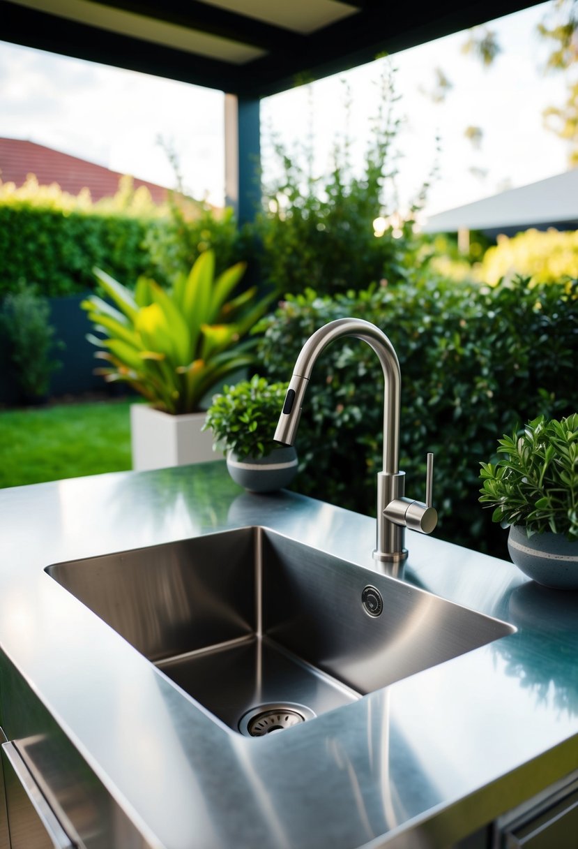 A sleek Everdure wash basin and sink combo is installed in a modern outdoor kitchen, surrounded by stainless steel countertops and lush greenery