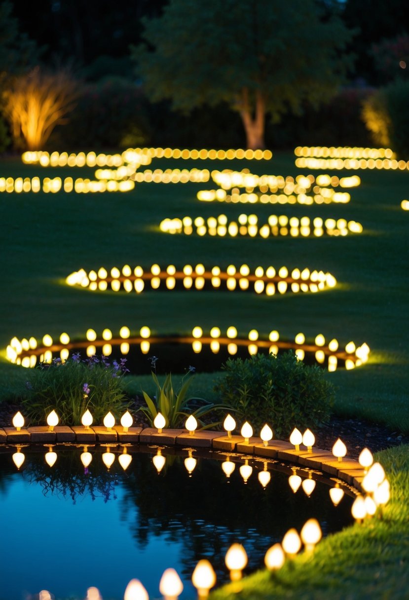 Glowing fairy lights surround 25 garden ponds at night