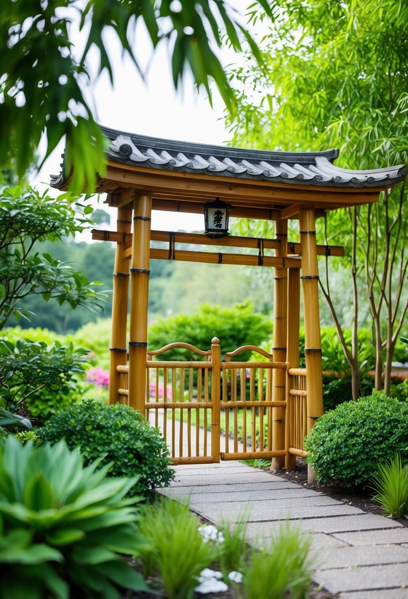 A serene bamboo Zen gate stands in a peaceful garden, surrounded by lush greenery and tranquil elements