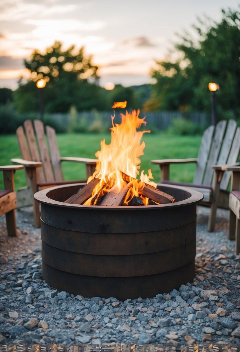 An old railroad tie fire pit surrounded by rustic outdoor seating and lit by the warm glow of a crackling fire