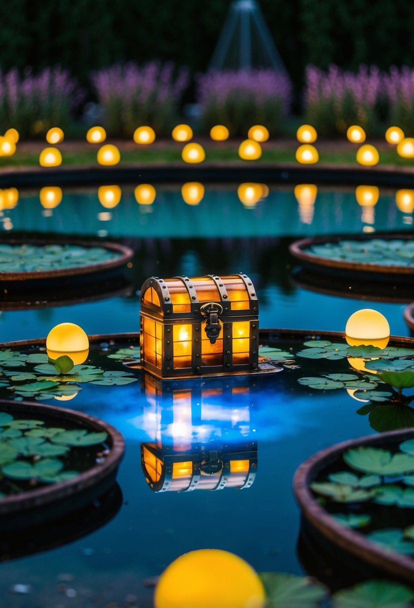 A glowing treasure chest lies at the bottom of a garden pond, surrounded by 25 other ponds, all illuminated by the moonlight
