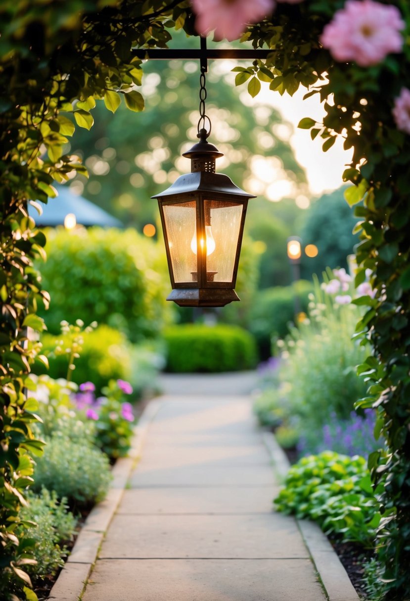 A vintage lantern hangs above a garden entrance, casting a warm glow on the pathway. Surrounding greenery and flowers add to the enchanting atmosphere