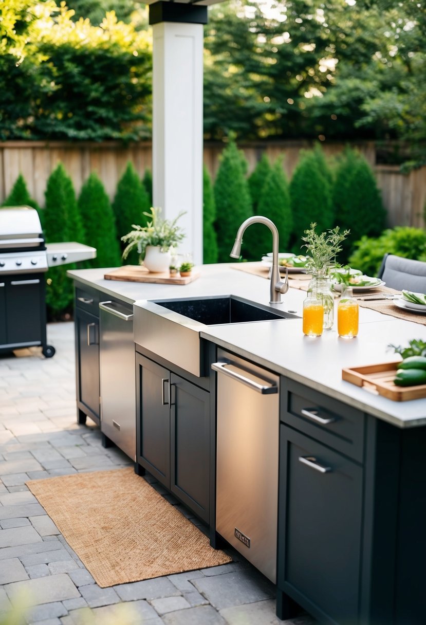 An outdoor kitchen with a sink, surrounded by a patio BBQ area, featuring a grill, dining space, and lush greenery