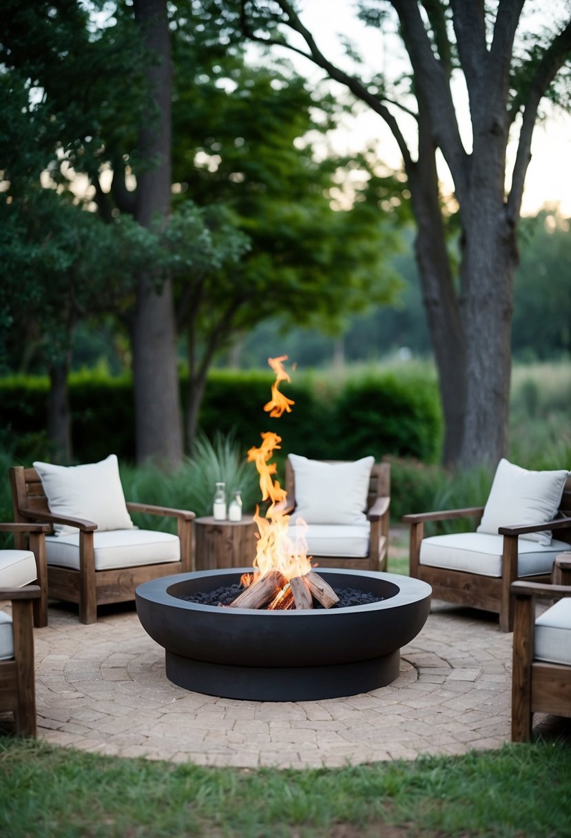A horseshoe-shaped fire pit surrounded by rustic seating, set in a serene outdoor setting with trees and natural elements