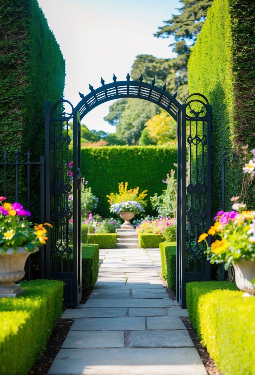 A lush garden entrance with a stone pathway, arched trellis, and colorful flowers in full bloom. Tall hedges and a wrought iron gate complete the picturesque scene