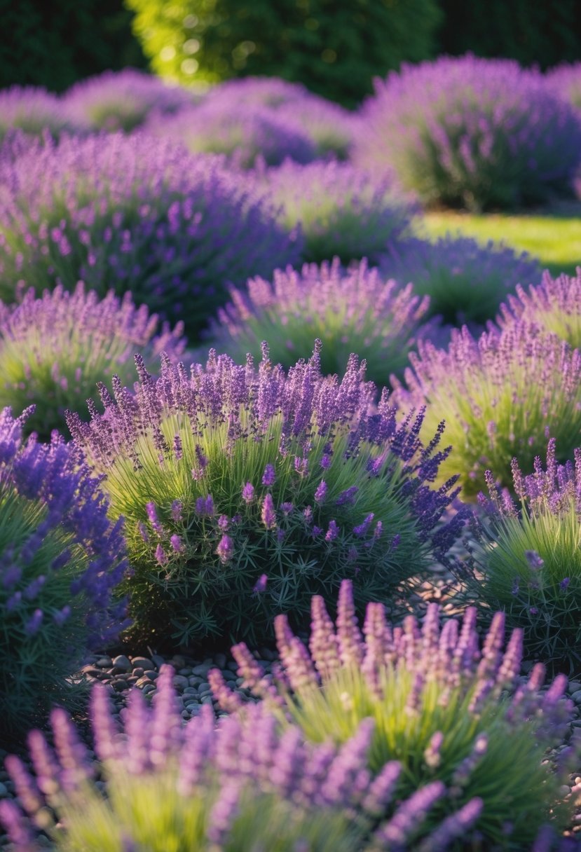A garden filled with vibrant purple and fragrant lavender plants covering the ground in a beautiful and serene landscape