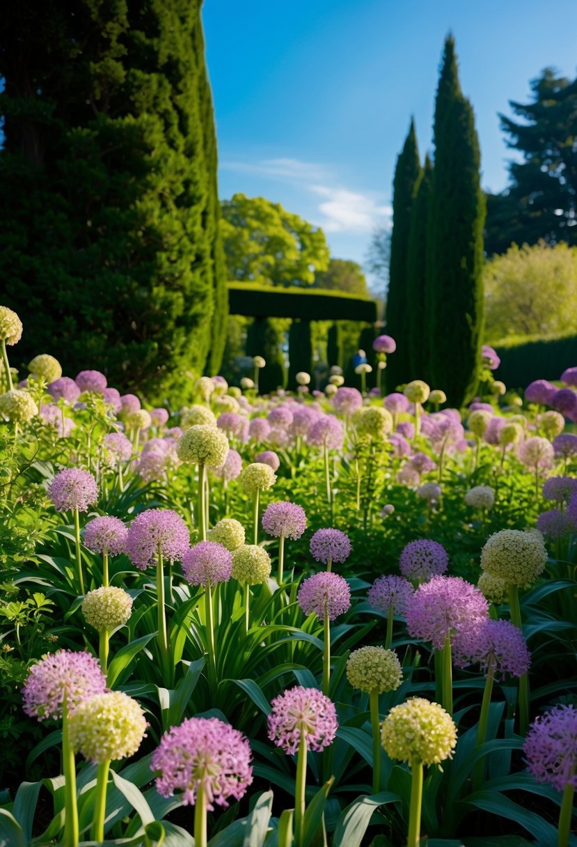 A lush garden filled with blooming allium flowers, surrounded by tall trees and a clear blue sky overhead