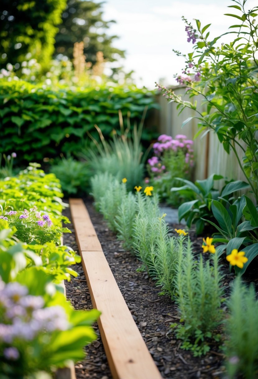 A garden with 35 reclaimed teak sleepers used as borders, surrounded by lush greenery and flowers
