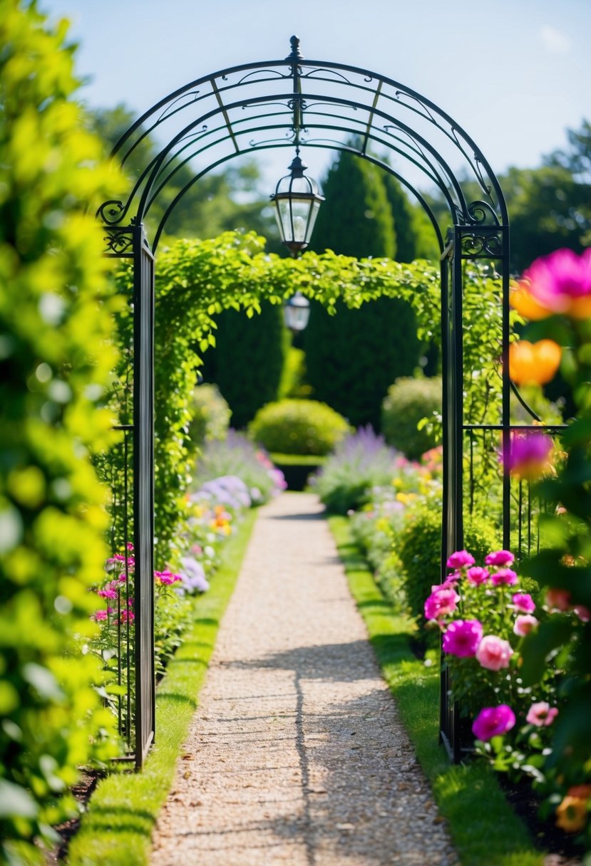 A lush garden path leads through a wrought iron arbor, surrounded by vibrant flowers and greenery