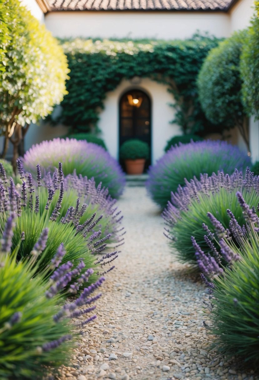 A serene courtyard with vibrant lavender plants scattered throughout, creating a peaceful and fragrant garden oasis