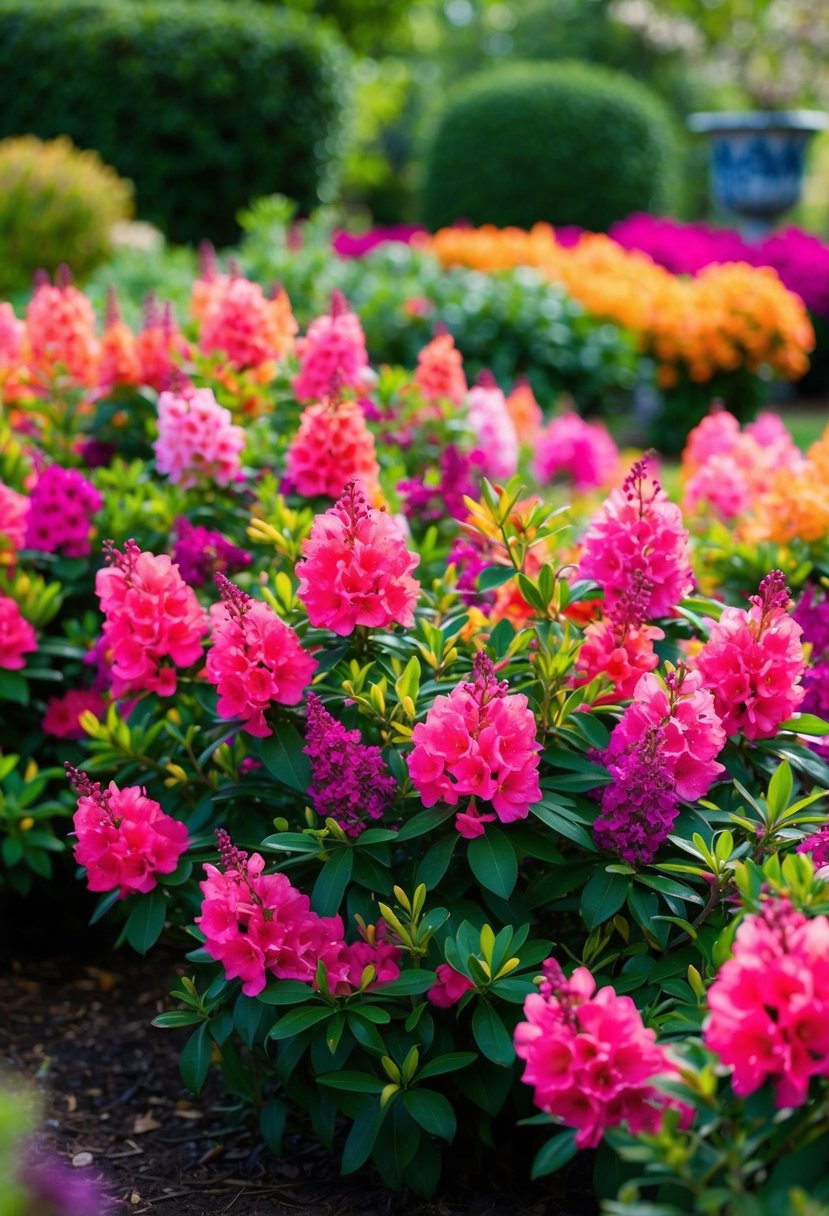 A lush garden filled with vibrant 'Encore Autumn Twist' azaleas in full bloom, creating a colorful and picturesque scene