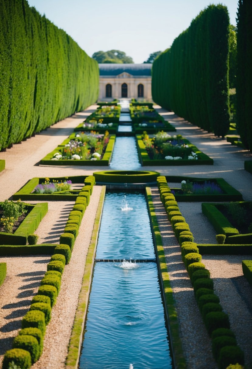 A formal French garden with a central water channel surrounded by 27 gardens with streams