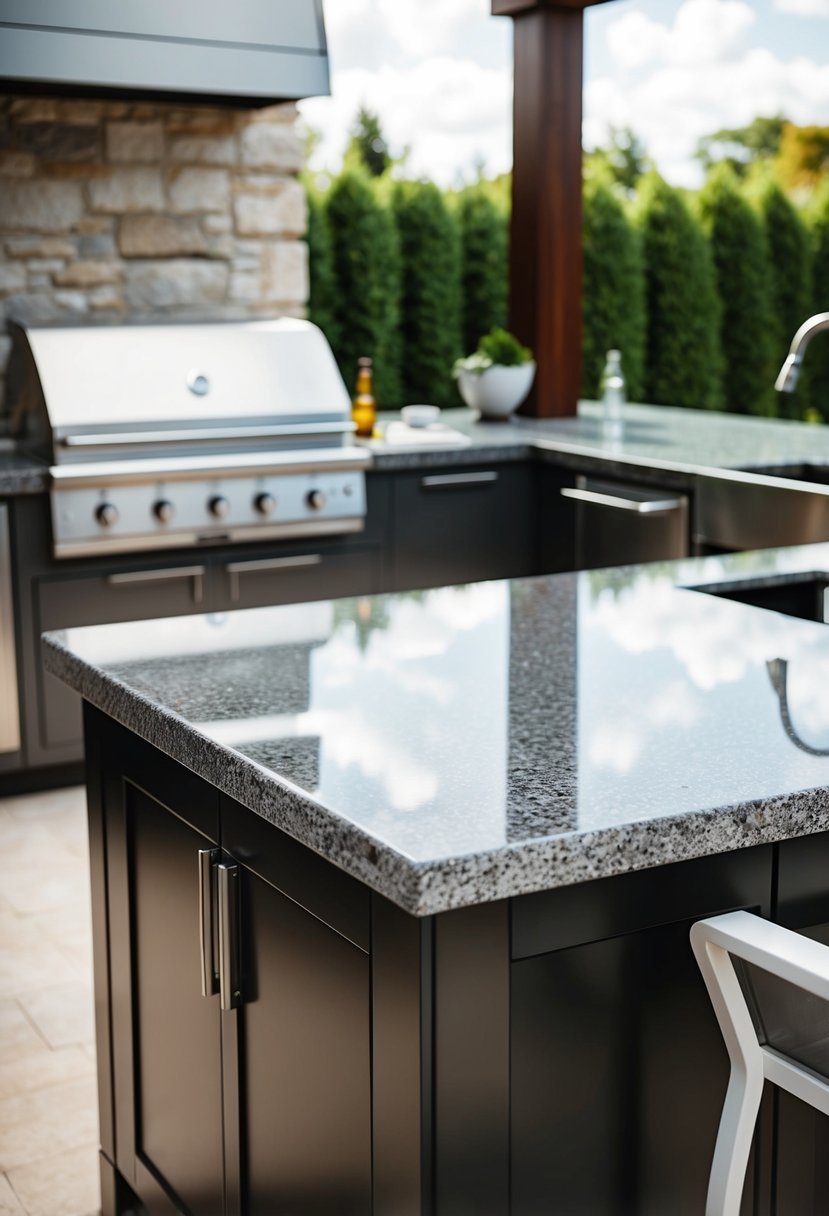A sleek granite prep station surrounded by modern outdoor kitchen elements