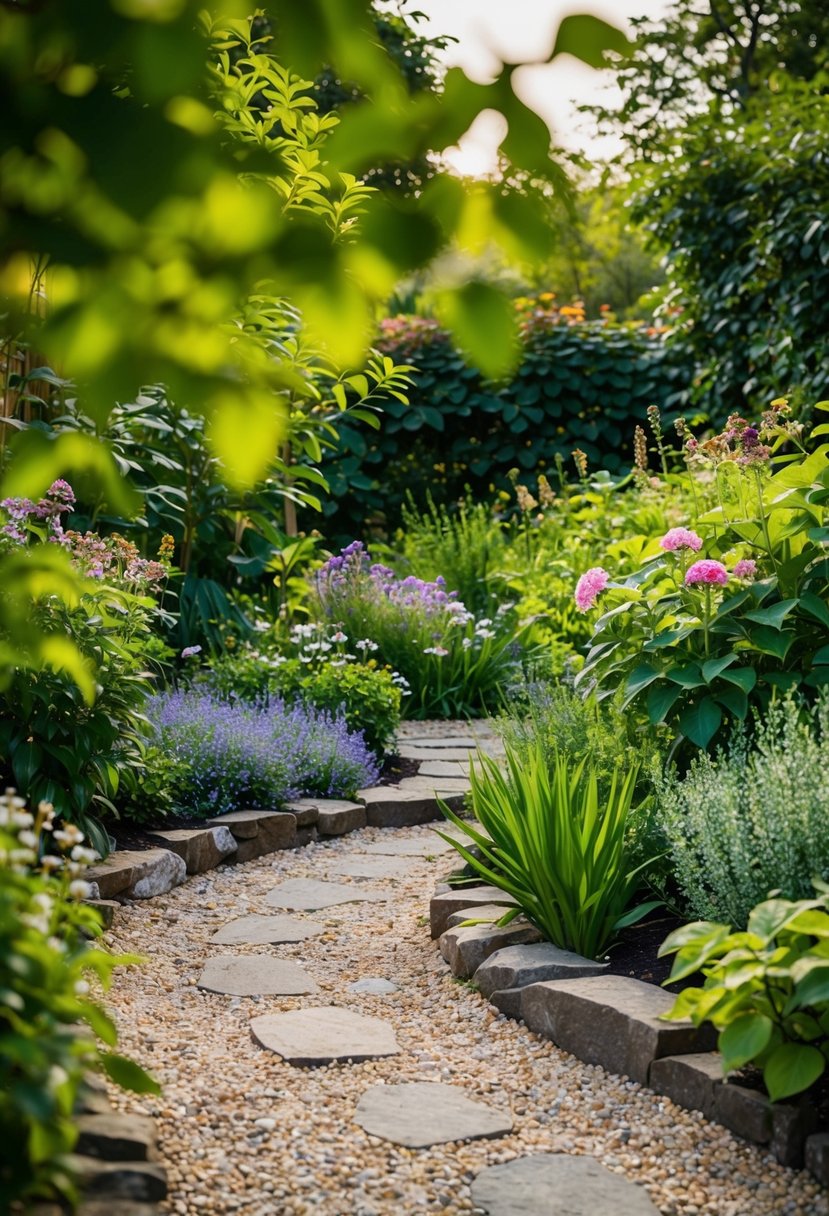A peaceful garden nook with a stone pea gravel path winding through lush greenery and blooming flowers