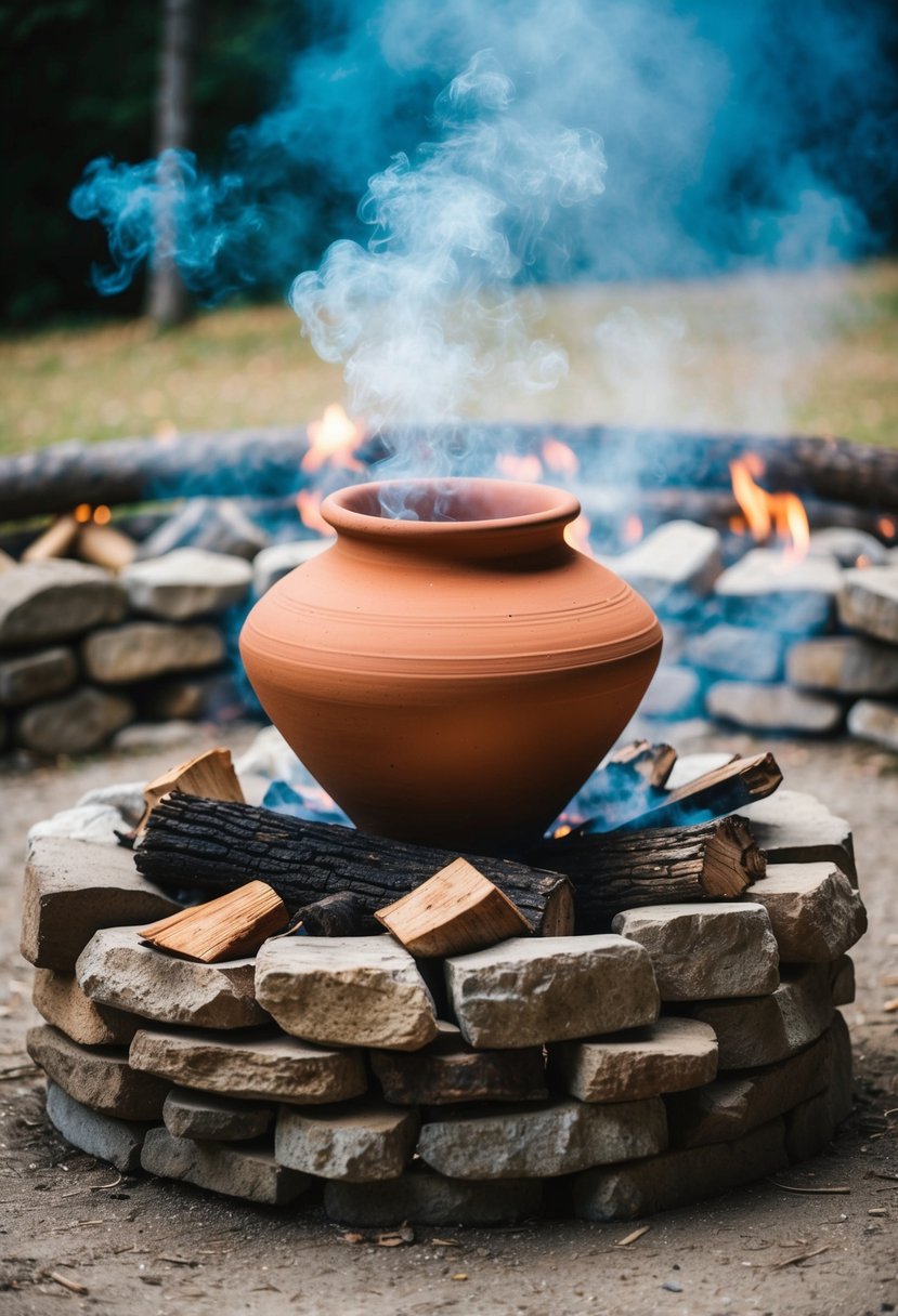 A large clay pot sits in the center of a rustic fire pit, surrounded by stacked stones and logs. Smoke billows from the crackling flames