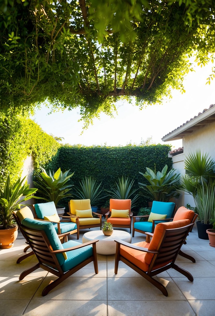 A sunny patio with a variety of Acapulco chairs arranged in different configurations, surrounded by lush greenery and potted plants