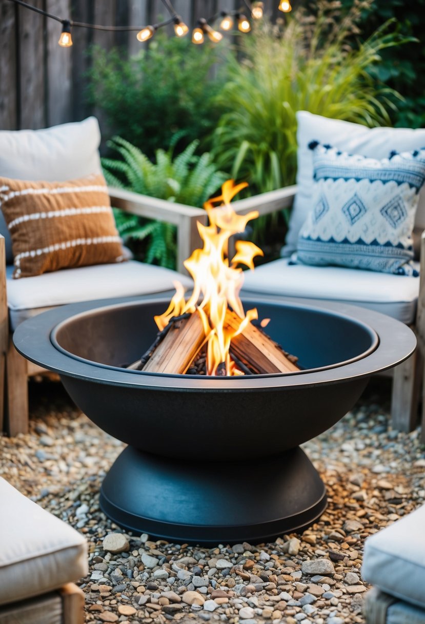 A steel tray fire pit surrounded by rustic outdoor seating and surrounded by natural elements such as rocks and plants
