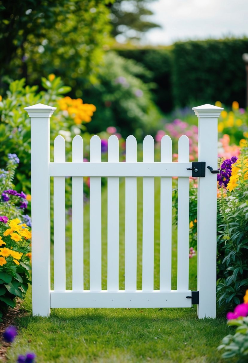 A white picket gate stands in a lush garden, surrounded by colorful flowers and greenery