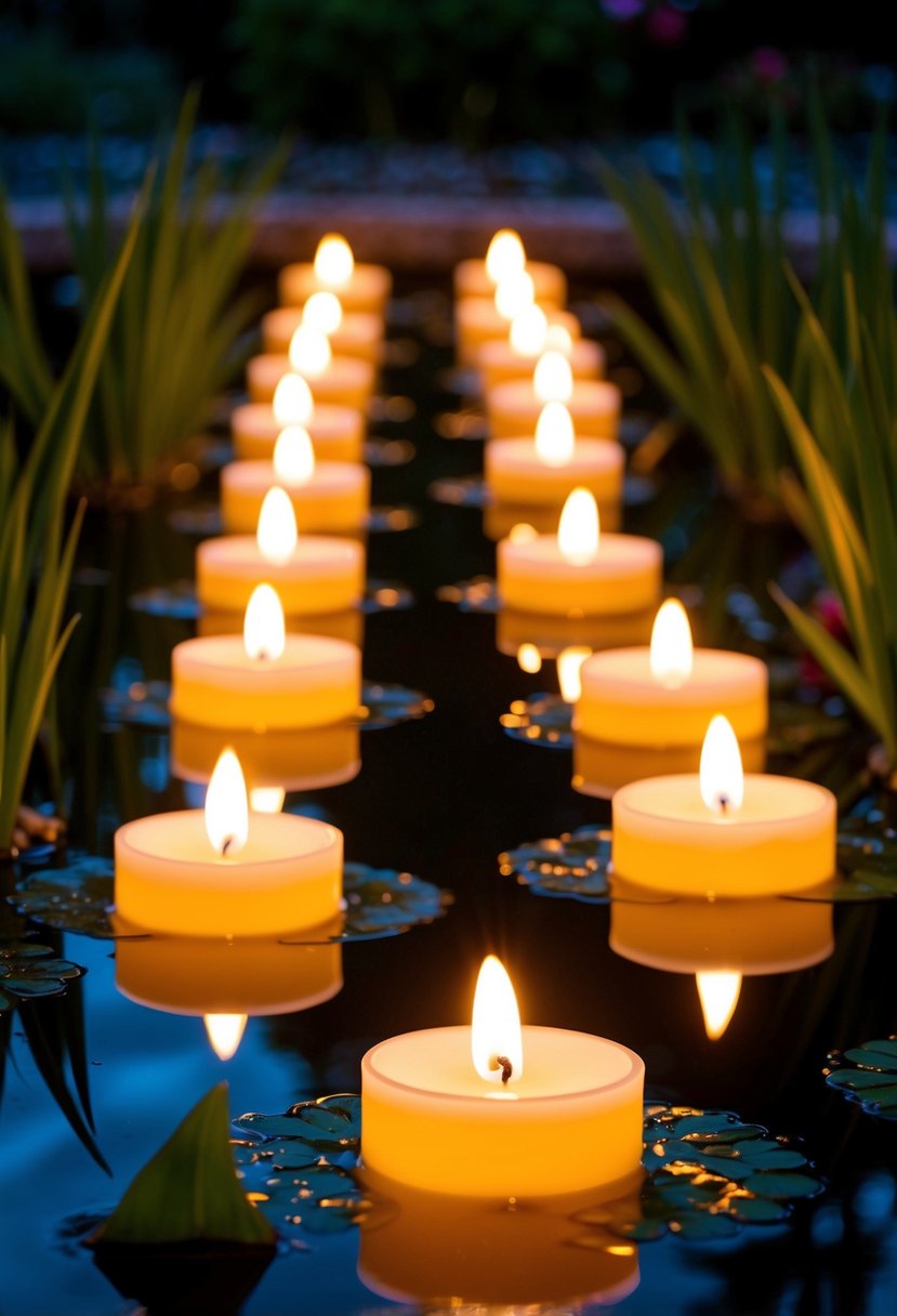 Glowing tea light candles float on 25 garden ponds at night