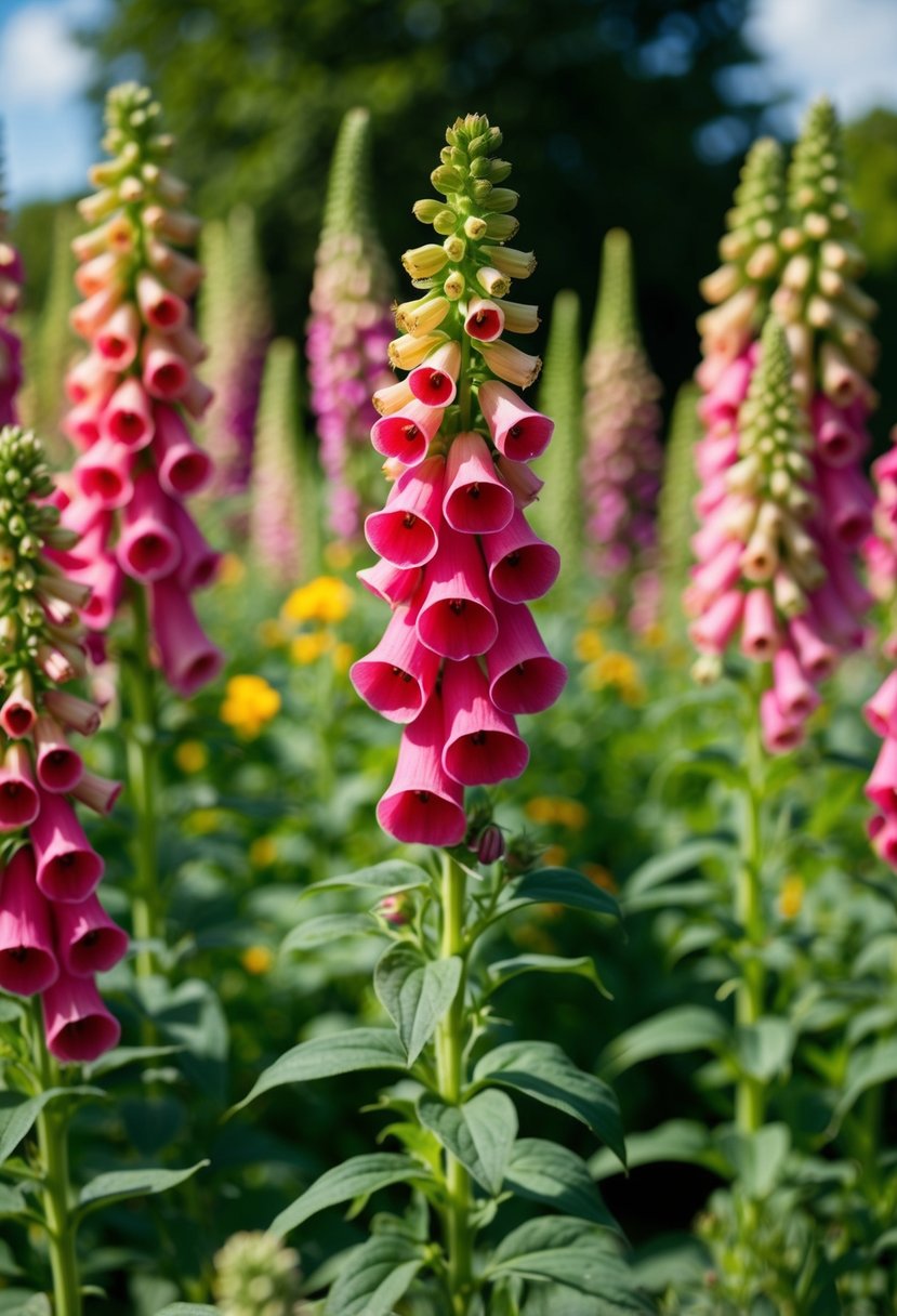 A lush garden filled with vibrant foxglove flowers in full bloom