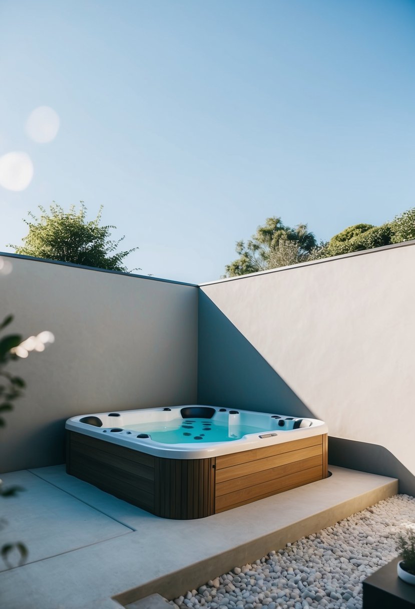 A serene in-ground hot tub with a sleek wood surround nestled in a minimalist Japandi-inspired patio