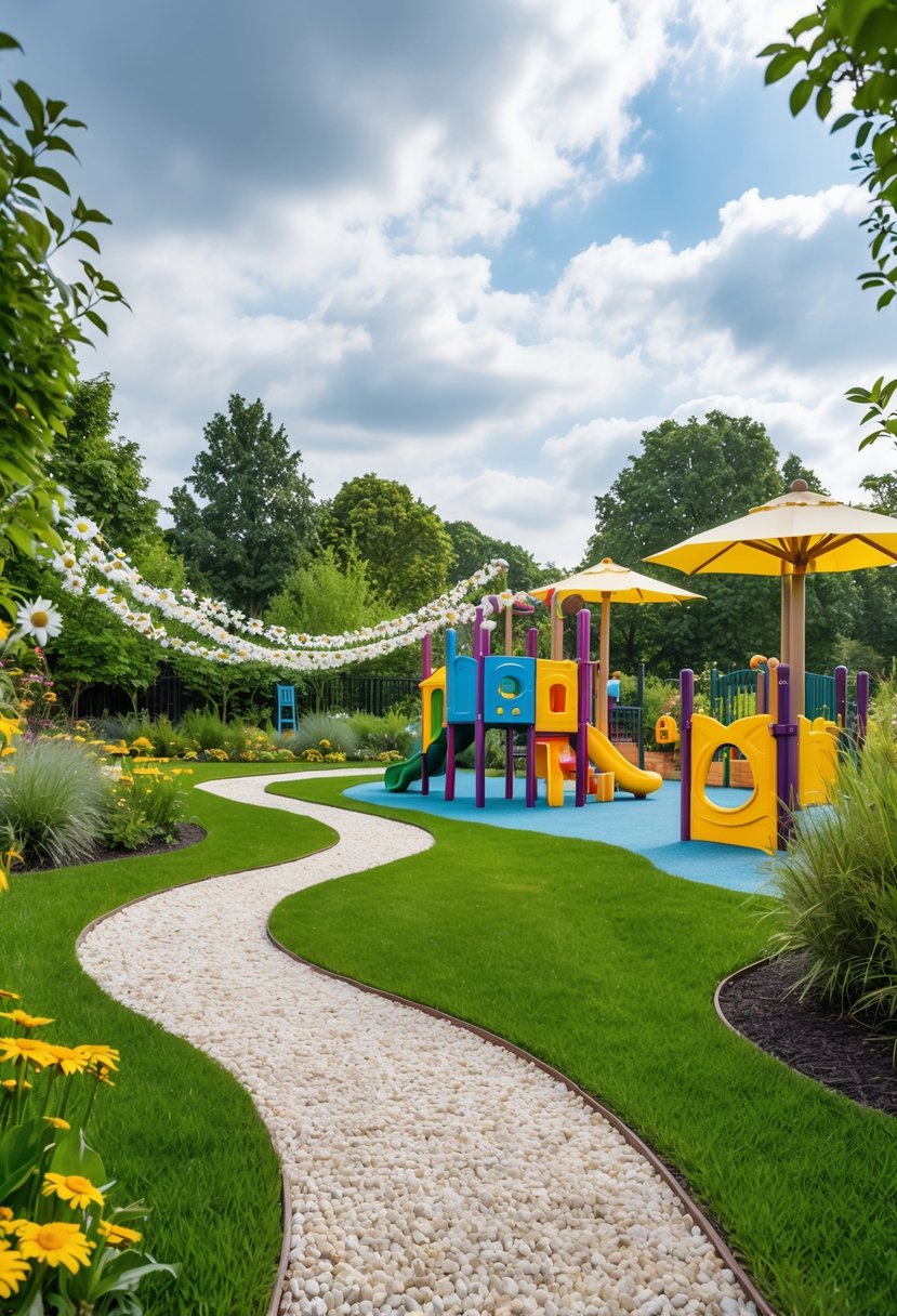 A winding pathway through 30 gardens leads to a vibrant kids play area, adorned with daisy chains and surrounded by lush greenery