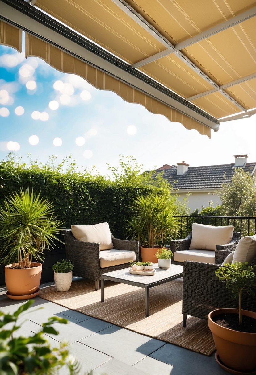 A sunny patio with a retractable awning, surrounded by potted plants and comfortable outdoor furniture