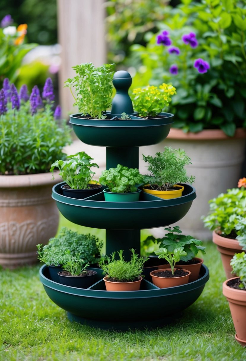 A tiered herb planter with various herbs growing in separate compartments, set in a lush garden with other potted plants and flowers