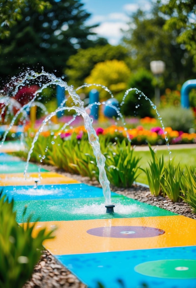 Colorful streams flow through lush gardens to a playful splash pad for children