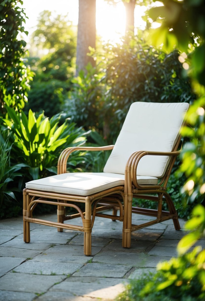 A rattan lounge chair sits in a lush garden setting, surrounded by greenery and bathed in warm sunlight