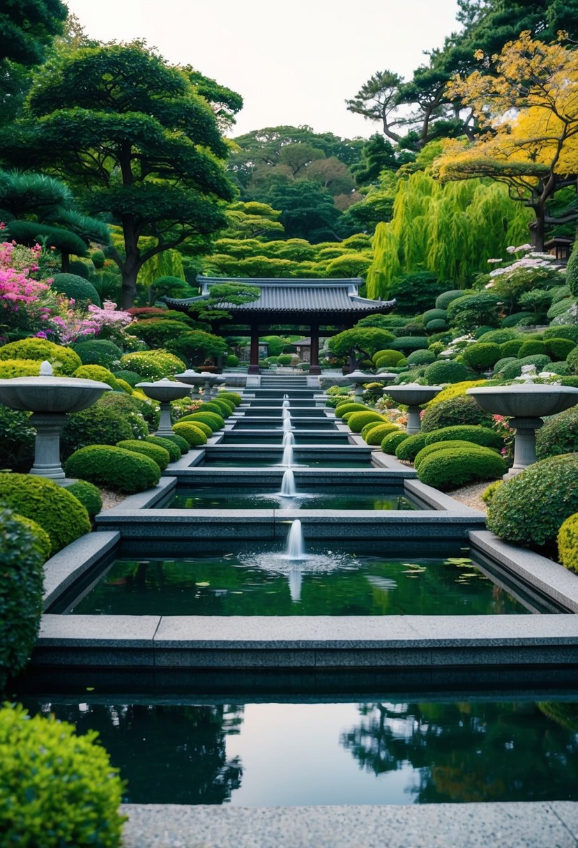 A serene Japanese garden with 32 granite fountains and ponds, surrounded by lush greenery and blooming flowers