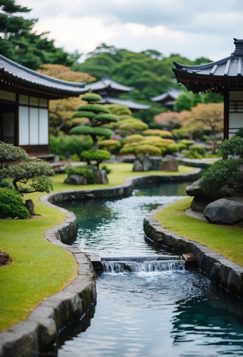 A serene Japanese Zen garden with a trickling water stream winding through 27 gardens