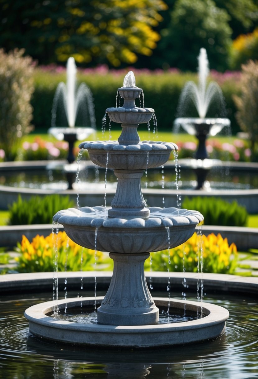 A stone tiered tabletop fountain surrounded by 32 garden ponds with fountains