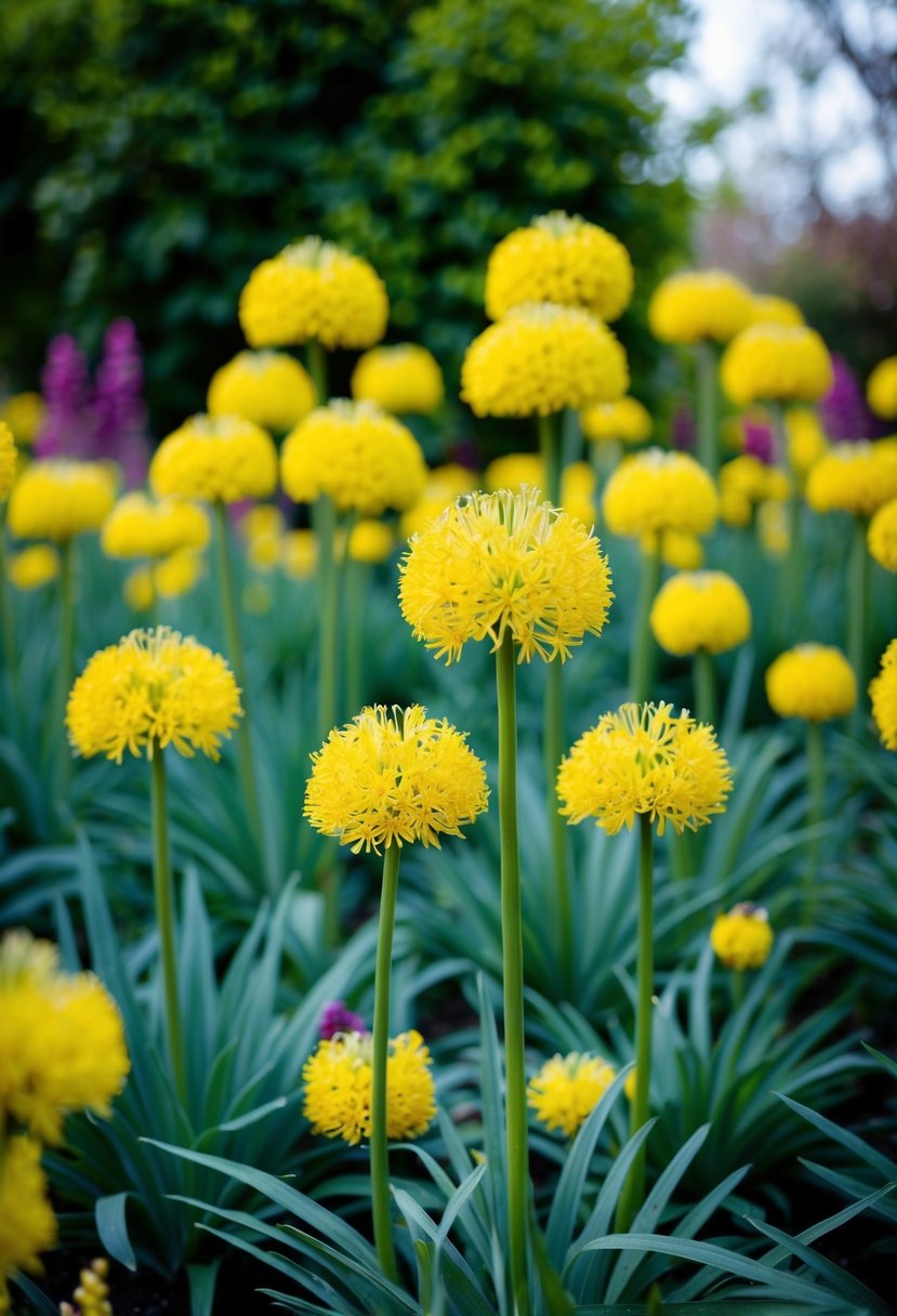 A vibrant garden filled with yellow Allium Flavum flowers in full bloom, creating a stunning display of color and texture