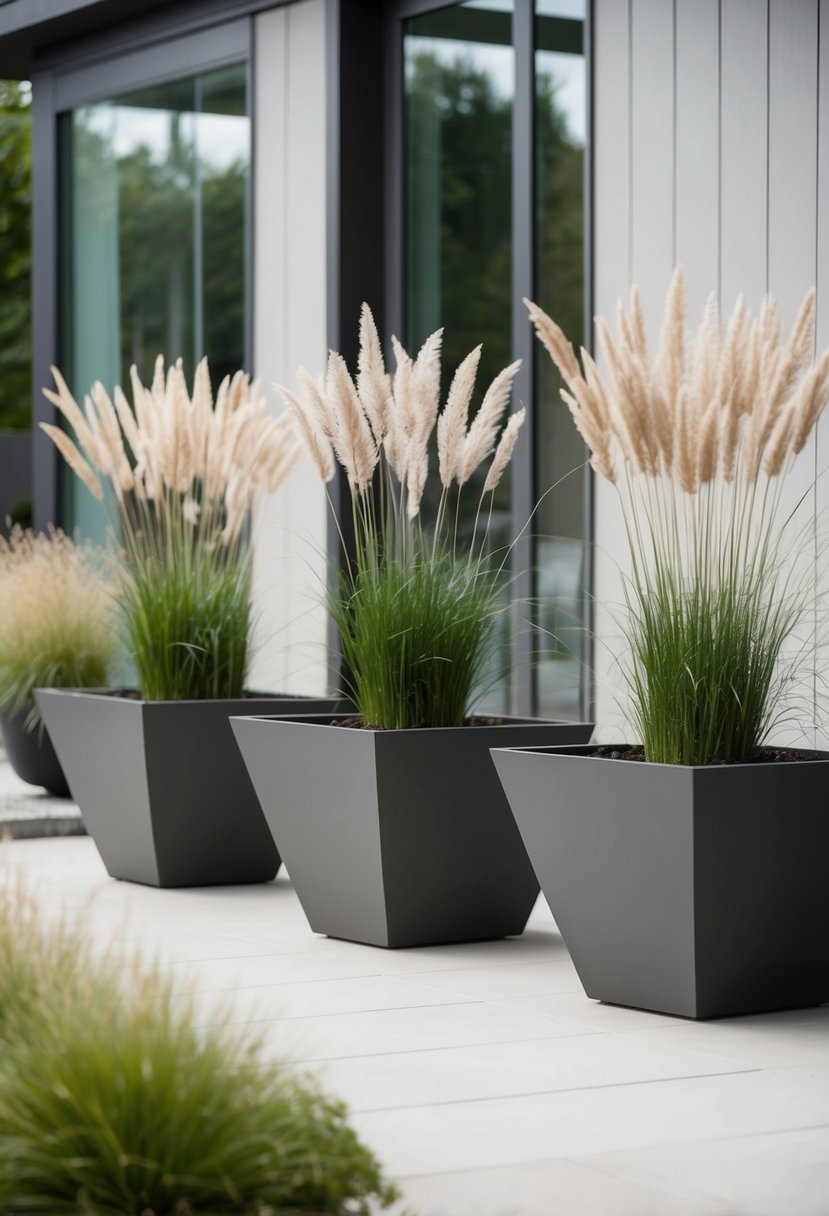 A serene patio adorned with various ornamental grasses in sleek planters, embodying the minimalist and natural elements of Japandi design