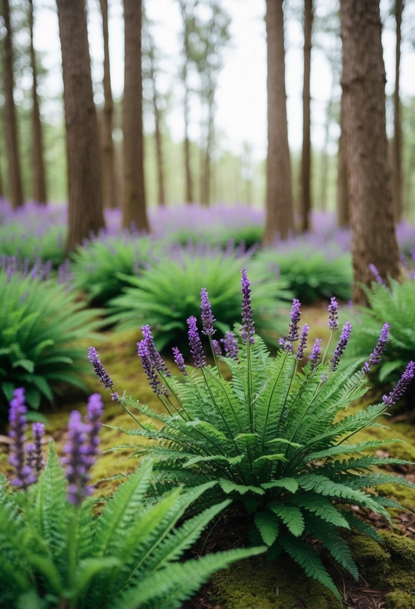 A tranquil woodland scene with lush ferns and vibrant lavender plants scattered throughout the landscape